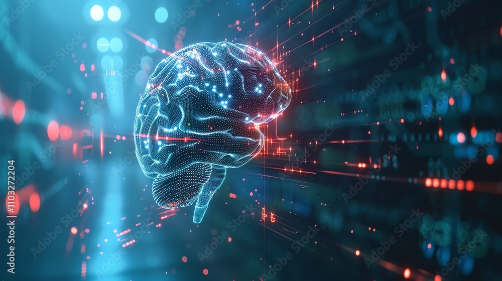 Poster a digital rendering of a human brain with glowing lights on a circuit board.