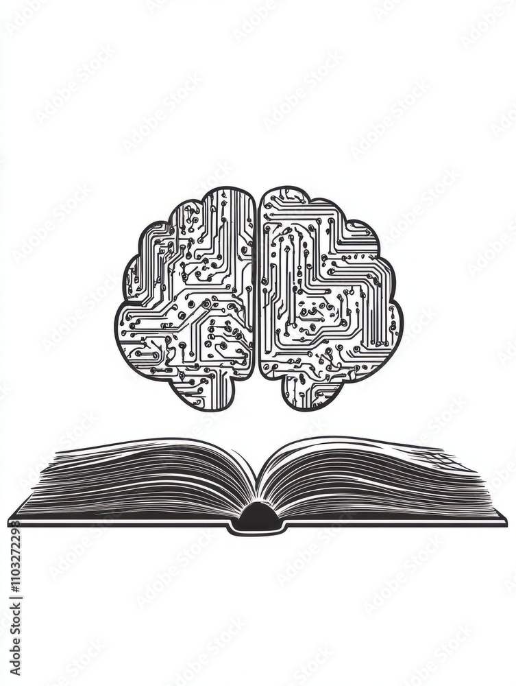 Poster book with brain neural networks hand drawn outline doodle icon. deep learning, robotics knowledge co