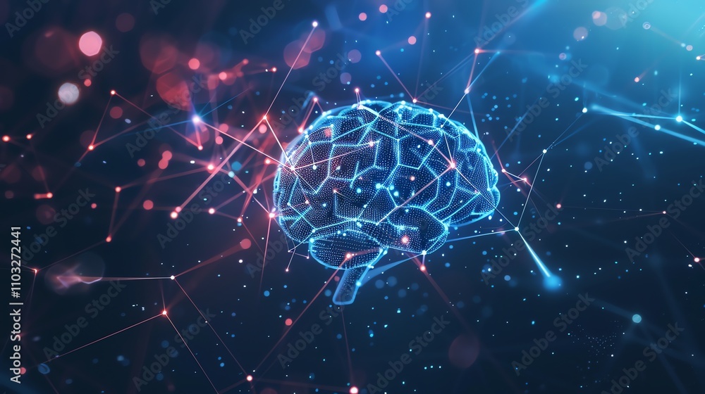 Poster a digital rendering of a human brain with glowing lights on a circuit board.