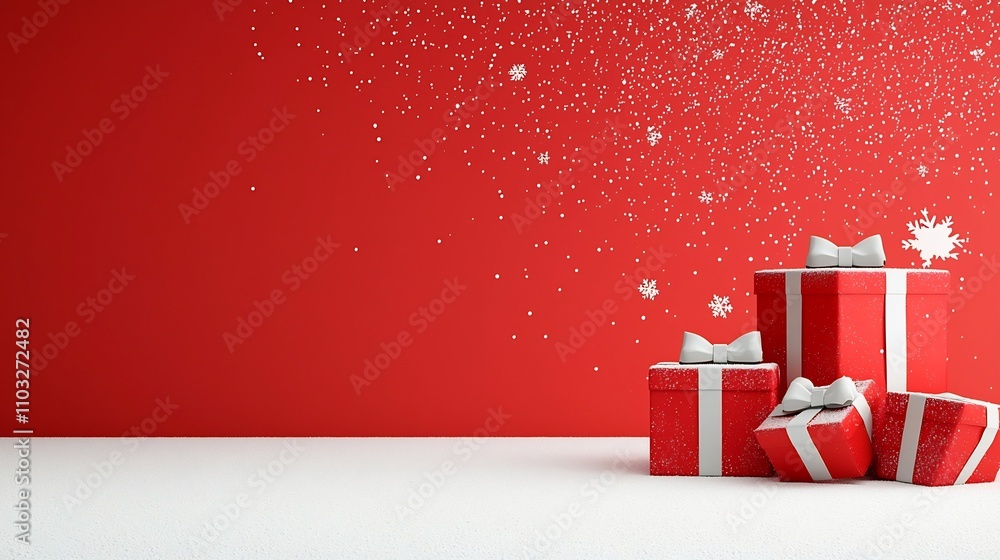 Poster festive snowy scene with red gift boxes stacked in rows along both sides adorned with white bows aga