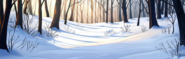 A picturesque winter scene of a snowy forest with tall trees and sunlight filtering through the branches.