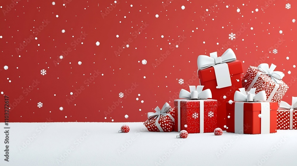 Poster festive snowy scene with stacked red gift boxes adorned with white bows set against a soft red gradi
