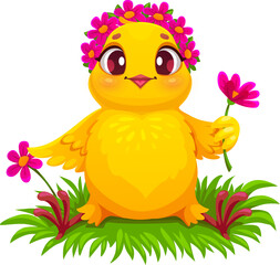 Cartoon chick funny character sitting on grass with flowers. Easter holiday baby hen cute personage, spring newborn bird or farm little chicken happy vector character. Easter holiday funny mascot