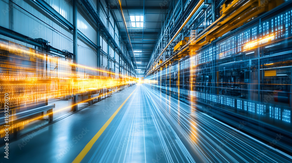 Poster abstract factory background. data streams flowing through industrial space