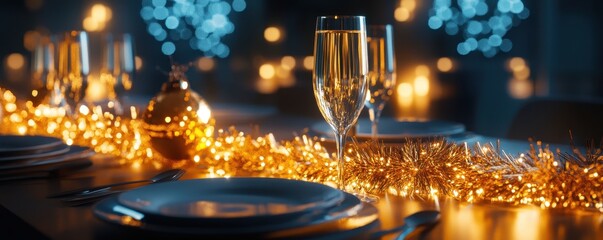 Obraz premium Radiant glow of festive table setting adorned with shimmering golden tinsel for a joyful celebration.