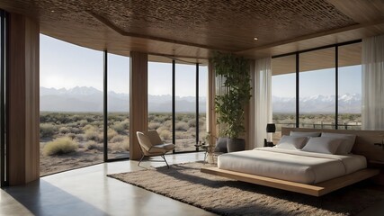Modern Hotel in Minimalist Container Box Design Inspired, Blending Scandinavian-Inspired Interiors with Nature; Featuring Diverse Weather and Terrain Settings for Stunning Visual Appeal (AI-Generated)
