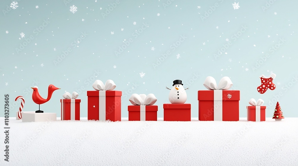 Poster beautifully crafted winter wonderland scene with evenly arranged red gift boxes featuring white bows