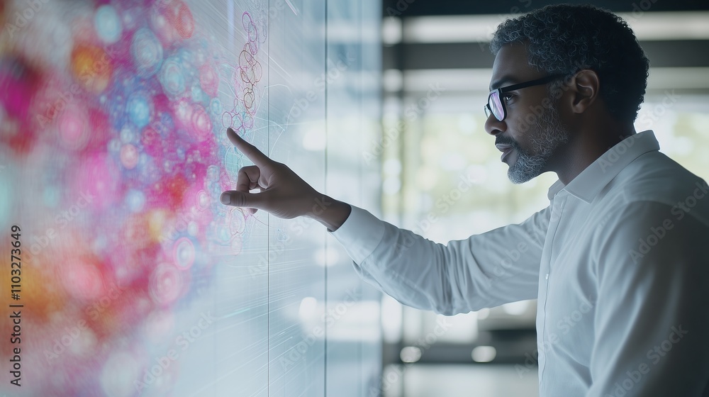 Poster scientist analyzing data on futuristic touchscreen in modern laboratory