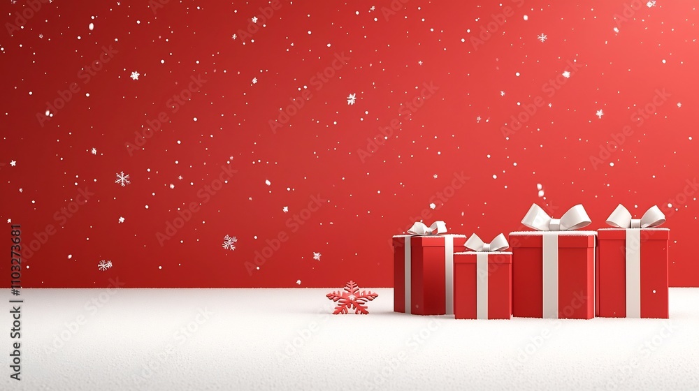 Poster beautifully arranged red gift boxes with white bows in a winter wonderland setting with a red gradie