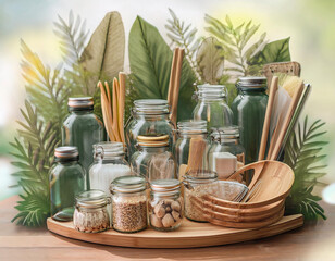 Close-Up Depiction of Zero Waste Practices, Featuring Composting, Reusable Products, and Waste Reduction Strategies