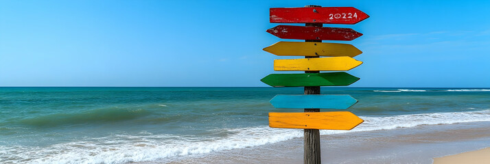 Colorful Wooden Signposts Guiding Towards Ocean Beach, Summer Vacation Destination, 2024