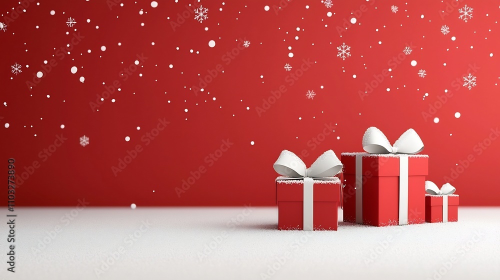 Poster magical holiday snowy scene featuring neatly stacked red boxes with pure white bows on a dark red ba