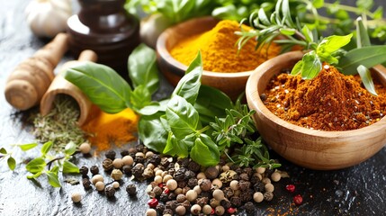 A variety of spices and herbs, including turmeric, paprika, star anise, peppercorns, and fresh herbs.