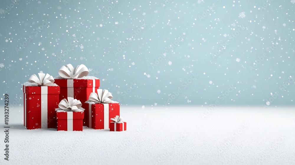 Leinwandbilder elegant snow covered holiday scene with neatly stacked red gift boxes adorned with white bows agains