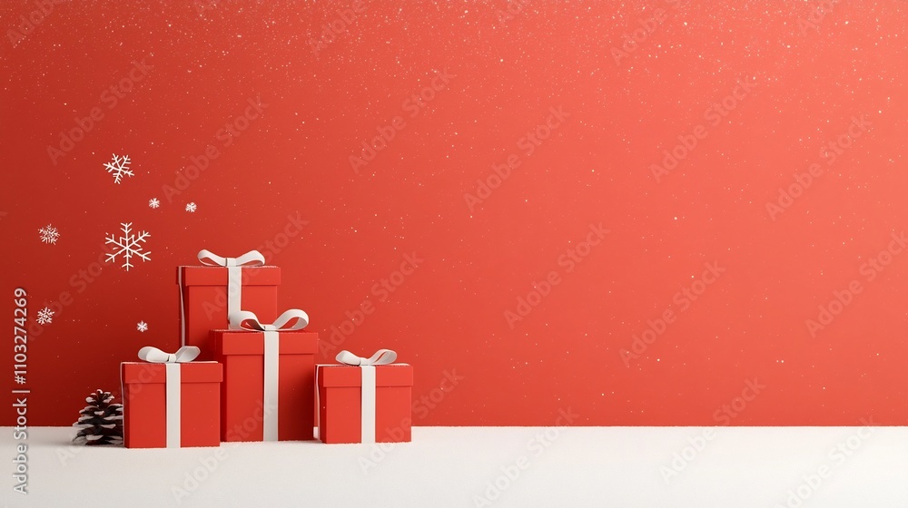Poster cheerful and joyful snowy winter scene with evenly stacked red gift boxes adorned with white festive