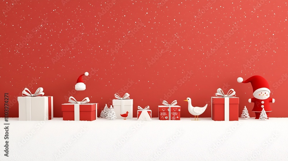 Poster cheerful snowy winter scene with neatly stacked red gift boxes adorned with white ribbons set agains