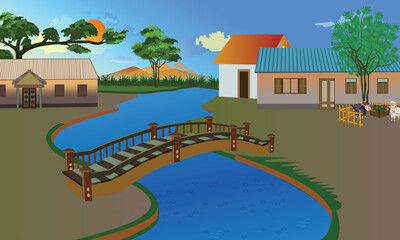 Beautiful village scenery with a river, wooden bridge, and traditional houses surrounded by nature – Vector illustration
