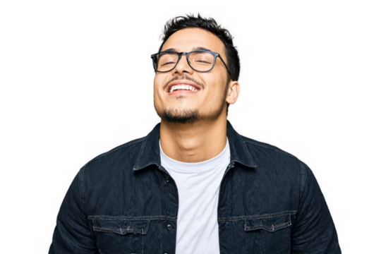 Young caucasian man portrait beard glasses He standing front transparent background looking up sky smile his
