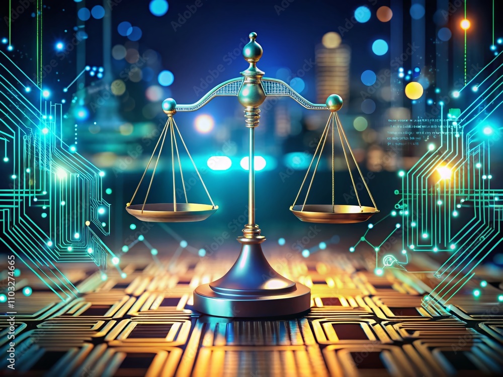 Poster abstract digital scales of justice illuminated on a circuit board, showcasing technology and law in 