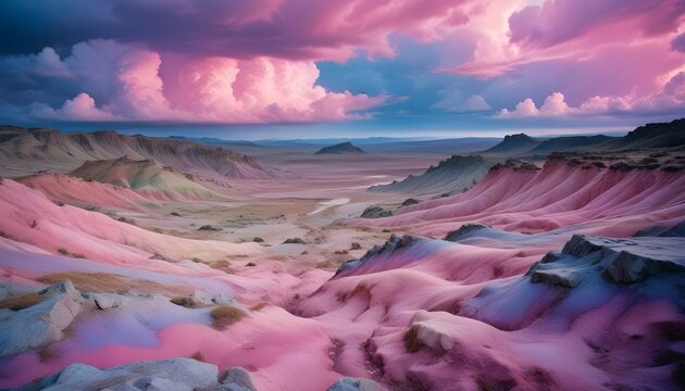 Un paisaje colorido y surrealista con nubes vibrantes y un horizonte resplandeciente. El cielo est&aacute; lleno de patrones abstractos y arremolinados en tonos de rosa, morado y azul