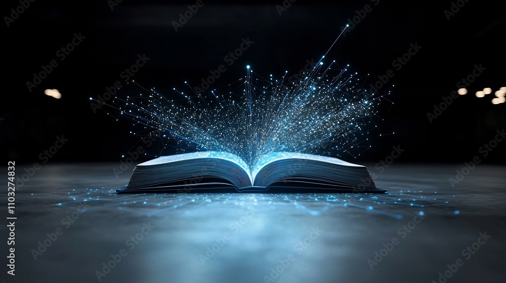 Aufkleber Futuristic and abstract image of glowing illuminated pages of an open book with holographic lighting patterns and effects  This symbolizes the concept of expanded learning education and horizons