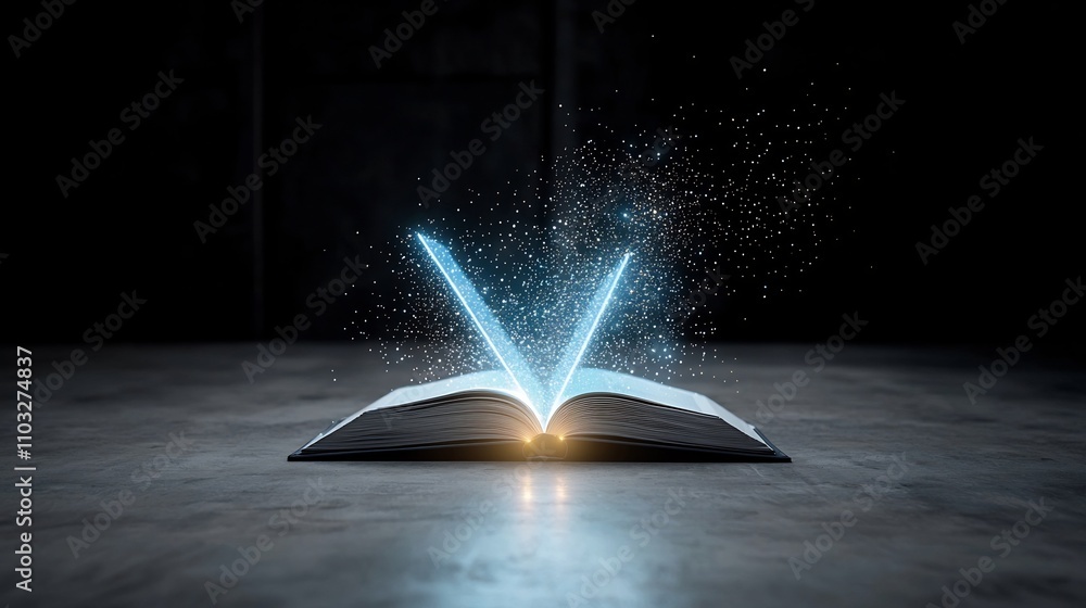 Aufkleber Glowing open book with futuristic light patterns and abstract trails symbolizing the power of creativity and imagination in the realm of learning and education
