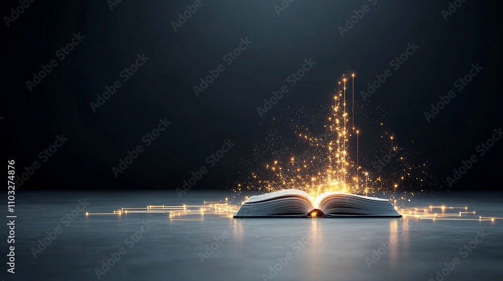Aufkleber radiant open book with glowing pages surrounded by dynamic digital glow trails and abstract light ef
