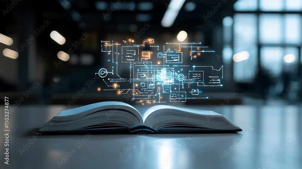 Poster Glowing Open Book with Futuristic Light Patterns and Abstract Trails Representing Imagination Creativity and in the Realm of Learning and Discovery