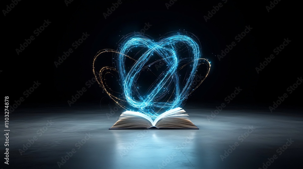 Aufkleber Glowing open book with futuristic light patterns and abstract trails symbolizing the power of imagination creativity and learning in the digital age