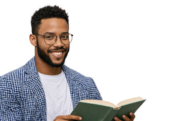 Young teacher caucasian portrait man holding book his hands He wearing blue white checkered blazer