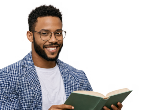 Young teacher caucasian portrait man holding book his hands He wearing blue white checkered blazer