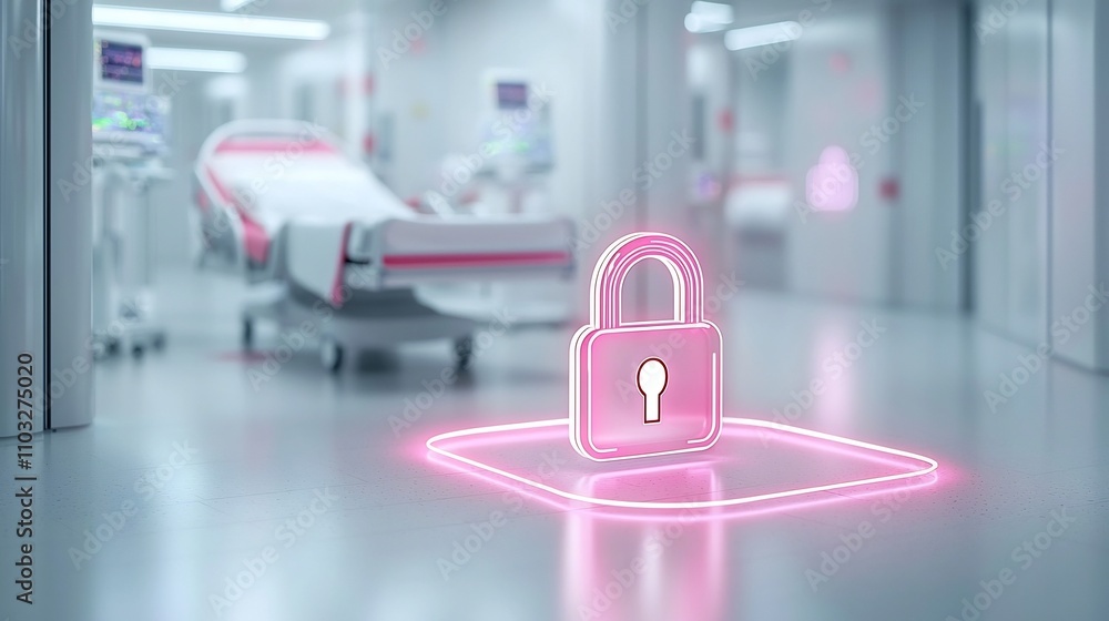 Poster Futuristic glowing lock icon placed on a hospital bed with vibrant light effects symbolizing the security and privacy of modern healthcare systems and patient data