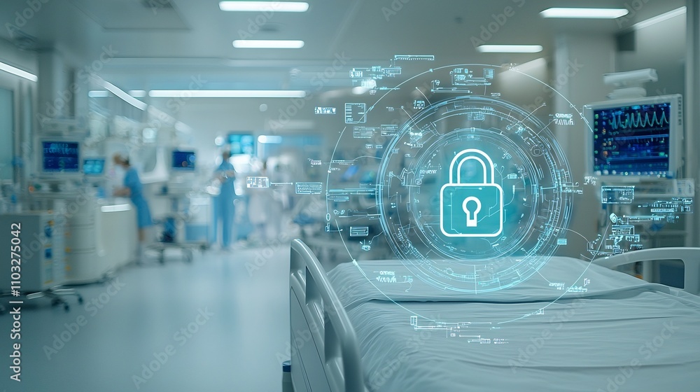 Fototapete futuristic glowing lock icon placed on a hospital bed with vibrant light effects symbolizing secure 