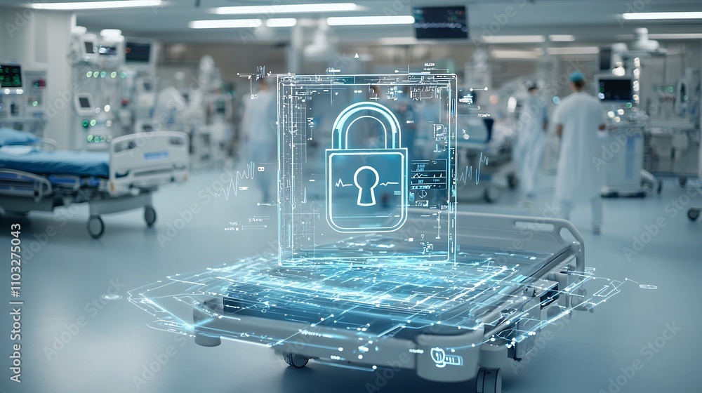 Aufkleber glowing digital lock on a hospital bed surrounded by futuristic lighting effects representing the pr