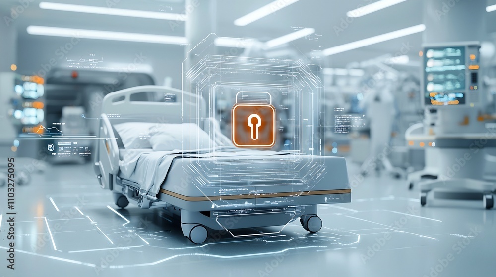 Poster Glowing digital lock on a hospital bed surrounded by futuristic lighting effects symbolizing the privacy and security of patient healthcare information in the digital age