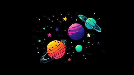  A mesmerizing galaxy of stars and planets, with vibrant red, blue, green, purple, and orange hues against a pure black background, capturing the beauty and mystery of the cosmos in anime style.