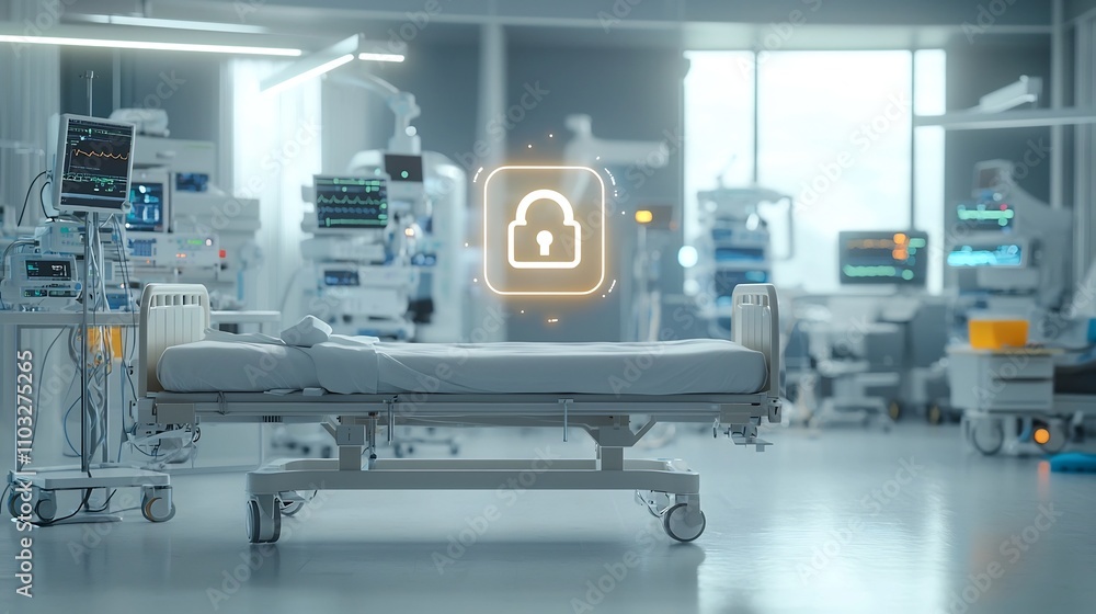 Poster closeup view of a hospital bed with a futuristic holographic glowing lock symbol floating above it