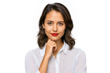 Young Indian woman portrait shoulder-length dark hair She wearing white button-down shirt