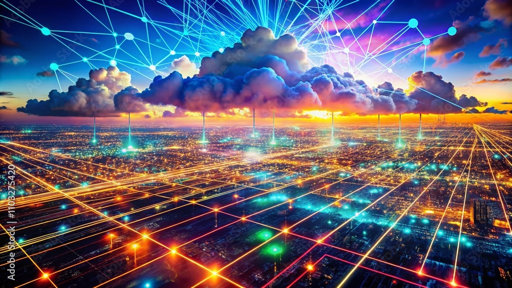Poster abstract drone photography of cloud computing technology representing digital network connections in
