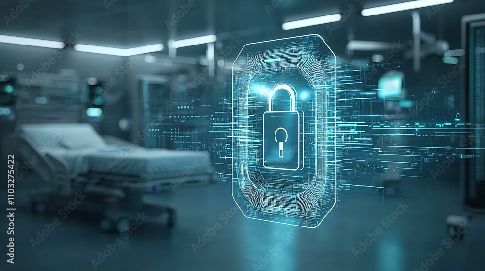 Poster futuristic glowing lock hovers near a hospital bed with digital data streams in the background