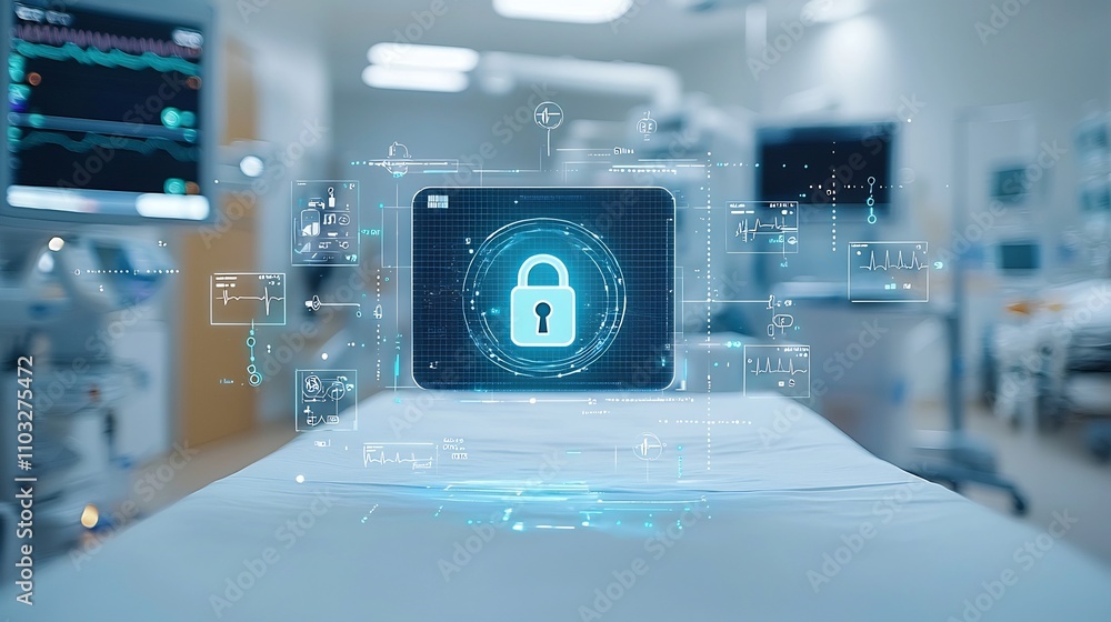 Poster close up view of a glowing lock icon on a hospital bed symbolizing the secure and private nature of 