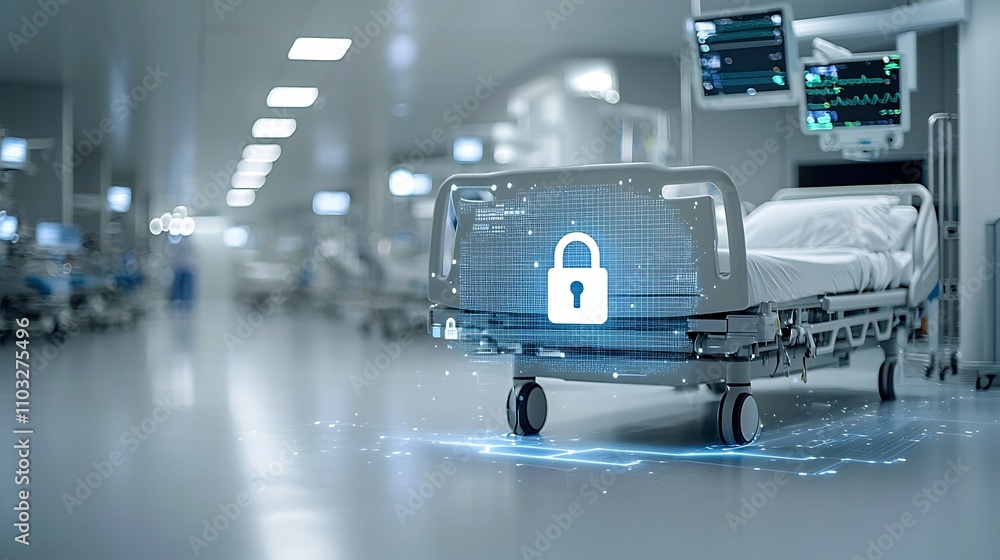 Poster close up of a glowing lock icon on a hospital bed highlighting the importance of secure and private 