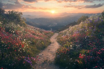 A path leading into the distance, with wildflowers on both sides and a beautiful sunset sky in the background.
