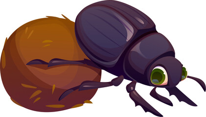Cartoon funny scarab dung beetle insect character with large, expressive eyes rolling a dung ball. Isolated vector pest or bug, natural world creature, adorable personage with excrement ball © Vector Tradition