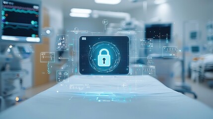 Close up view of a glowing lock icon on a hospital bed symbolizing the secure and private nature of healthcare data