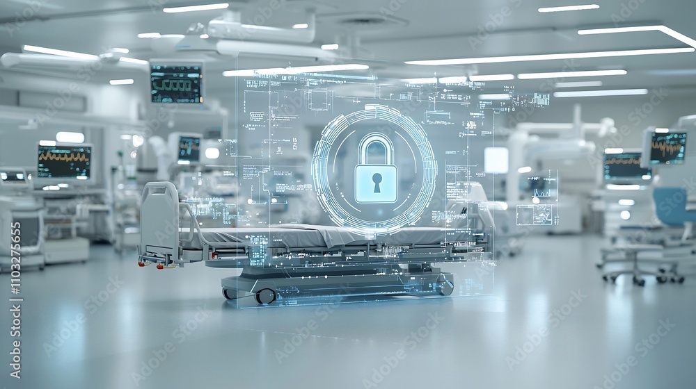 Poster glowing holographic lock projection above a futuristic hospital bed symbolizing cutting edge digital