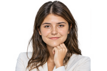 Young caucasian woman portrait long brown hair She wearing beige blazer standing against transparent background