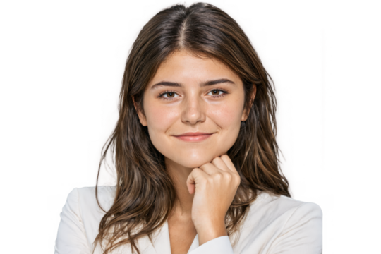 Young caucasian woman portrait long brown hair She wearing beige blazer standing against transparent background