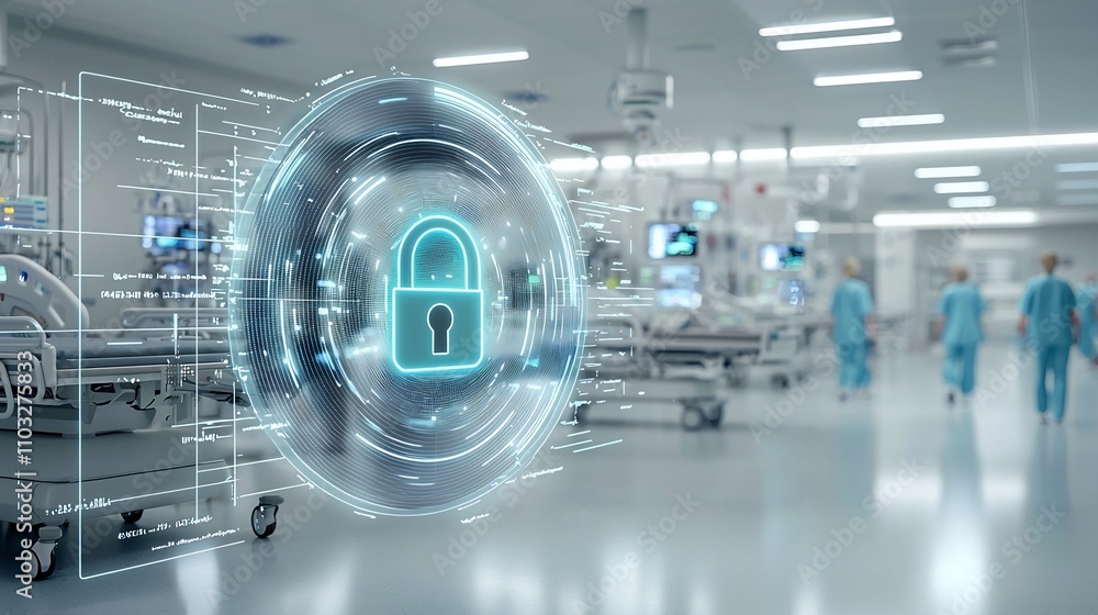 Poster Glowing abstract lock icon placed on a sleek futuristic hospital bed symbolizing advanced data security and patient privacy in a cutting edge healthcare setting