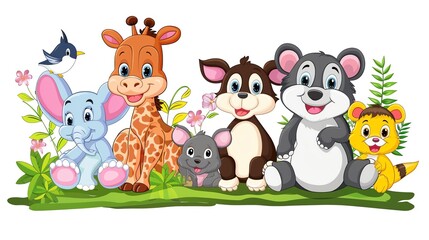 Naklejka premium A group of cute cartoon animals sitting in a grassy area.